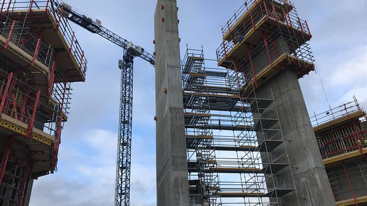 Den första pelaren i Helsingborgs nya vattentorn står nu färdig. 
