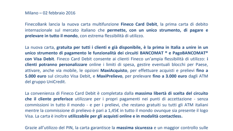 Arriva la nuova Fineco Card Debit