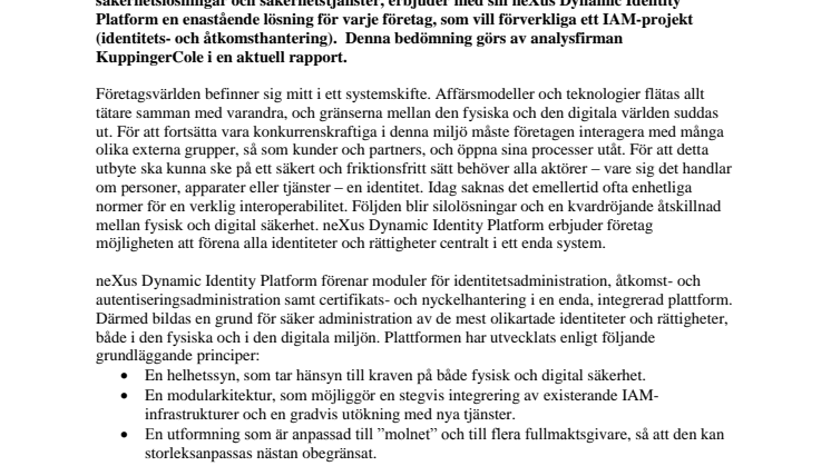 KuppingerCole rekommenderar neXus Dynamic Identity Platform