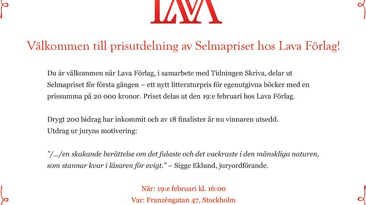 Välkommen till prisutdelning av Selmapriset hos Lava Förlag