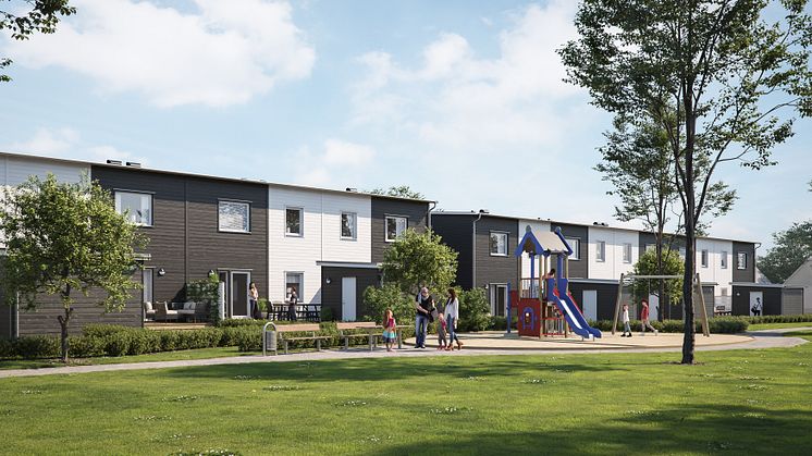 Illustration av trädgårdssida med altan & gräsmatta samt härliga grönytor, BoKlok Piren i Errarp, Ängelholm. 