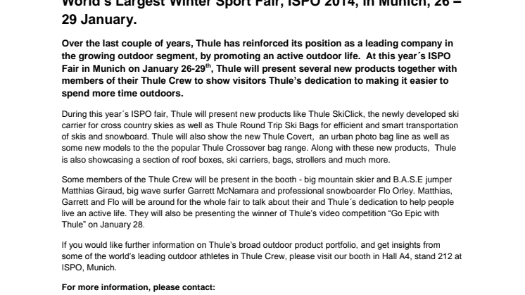 Thule to Present its Entire Winter Sports Range, Including New Items Like Thule Covert and Thule SkiClick, at the World’s Largest Winter Sport Fair, ISPO 2014, in Munich, 26 – 29 January.