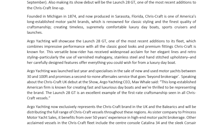Argo Yachting to debut Chris-Craft UK at Southampton Boat Show 
