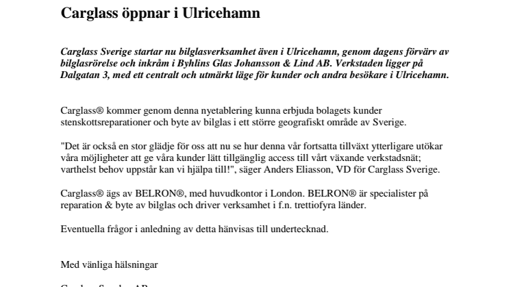 Carglass öppnar i Ulricehamn