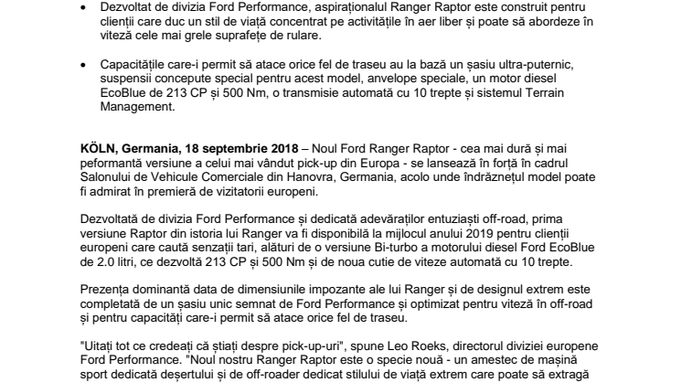 Dur și polivalent: noul Ford Ranger Raptor își face debutul european la Salonul de Vehicule Comerciale IAA din Hanovra