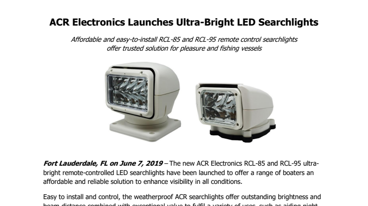 ACR Electronics Launches Ultra-Bright LED Searchlights