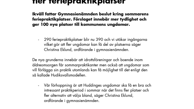 Huddinge tar krafttag för fler feriepraktikplatser