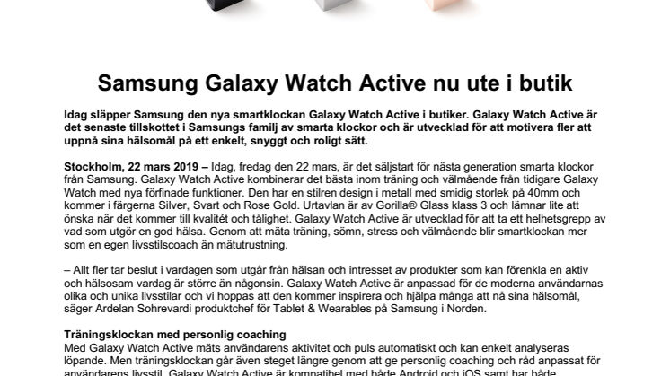 Samsung Galaxy Watch Active nu ute i butik