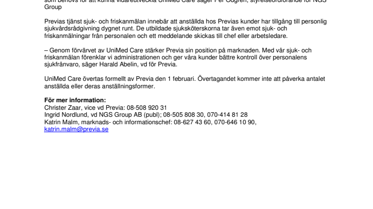 Previa förvärvar UniMed Care från NGS Group 