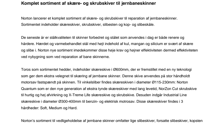 Komplet sortiment af skære- og skrubskiver til jernbaneskinner