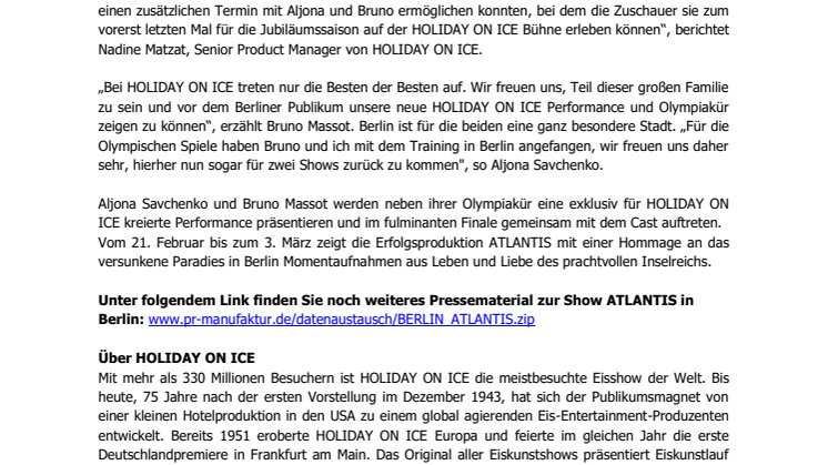 Zusatztermin mit Aljona Savchenko und Bruno Massot bei HOLIDAY ON ICE Show ATLANTIS in Berliner Tempodrom am 1. März
