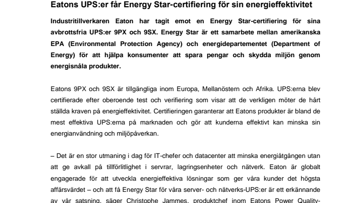 Eatons UPS:er får Energy Star-certifiering för sin energieffektivitet