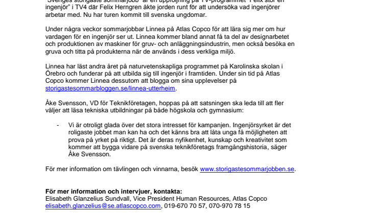 Linnea vann störigt sommarjobb på Atlas Copco i Örebro