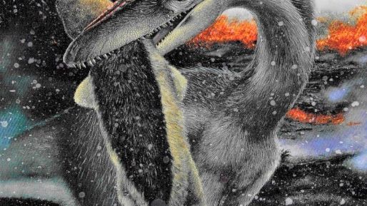 Fjäderklädd dinosaurie som jagar ett däggdjur. Snöfall och vulkaner i bakgrunden som orsakade vulkanisk vinter med snö och minusgrader. Målning av konstnären Larry Felder.