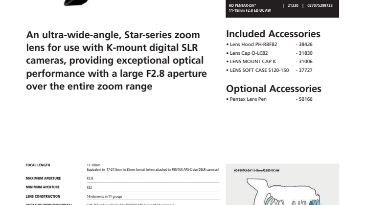 Pentax HD 11-18 mm, spec sheet