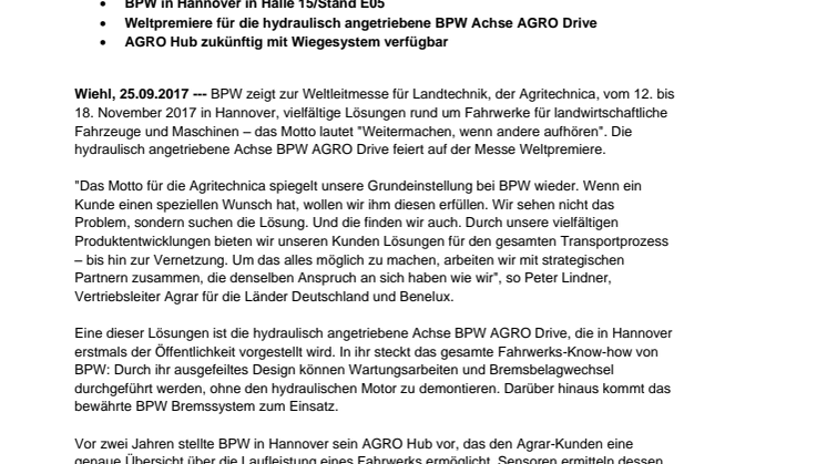 BPW auf der Agritechnica 2017: Weitermachen, wenn andere aufhören