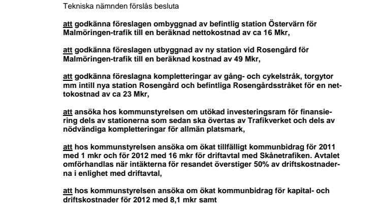 Beslut om station Rosengård och station Östervärn inför start av pågatågstrafik på Malmöringen