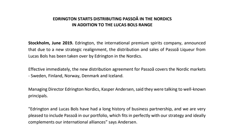 EDRINGTON STARTS DISTRIBUTING PASSOÃ IN THE NORDICS IN ADDITION TO THE LUCAS BOLS RANGE