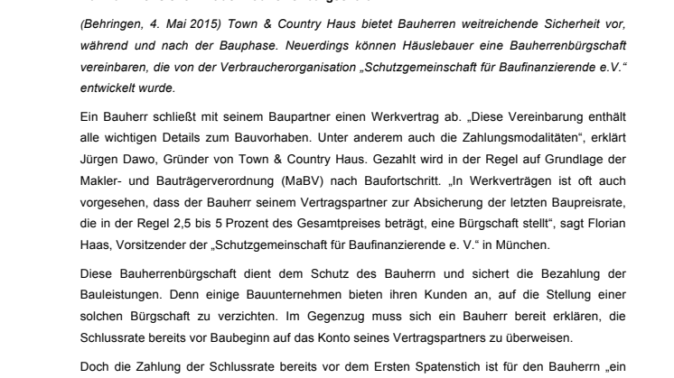 Town & Country-Verbrauchertipp: Auf Nummer sicher mit der Bauherrenbürgschaft