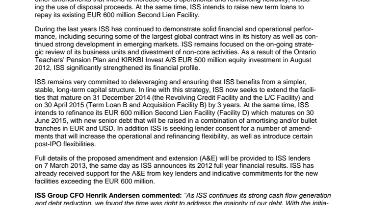 ISS launches a Refinancing and an Amendment and Extension of its Debt Maturities