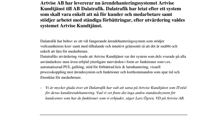 Artvise får order från AB Dalatrafik på Artvise Kundtjänst!