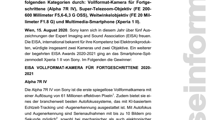Erfolg bei den EISA Awards 2020: Sony mit fünf Preisen ausgezeichnet 