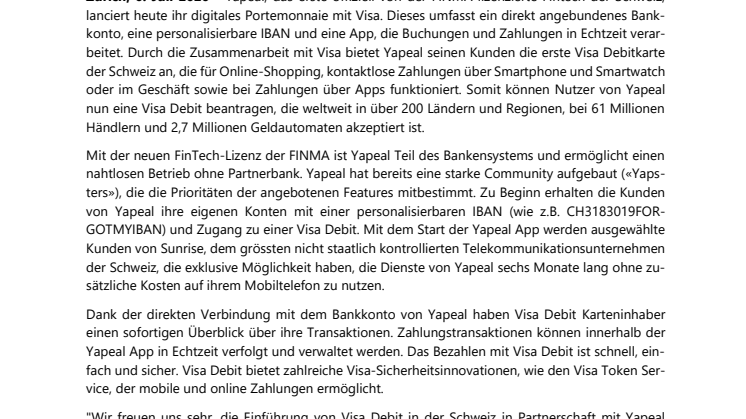 YAPEAL LANCIERT DIE ERSTE VISA DEBIT IN DER SCHWEIZ