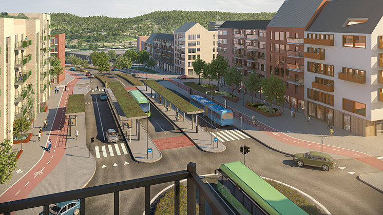 Visionsbild: Södra centrum. En av tre visionsbilder som har tagits fram för att visa en möjlig framtidsbild för Landvettervägen som stadsgata omkring år 2040.  Bilderna utgår från samhällsbyggnadskontorets tolkning av begreppet stadsgata.