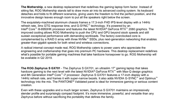 ASUS Republic of Gamers Showcases Latest Gaming Laptops Full Press Release and Specifications