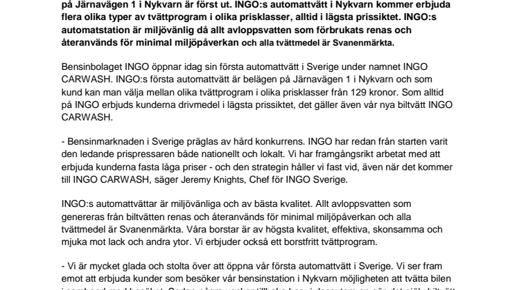 INGO lanserar sin första automattvätt i Sverige under namnet INGO CARWASH