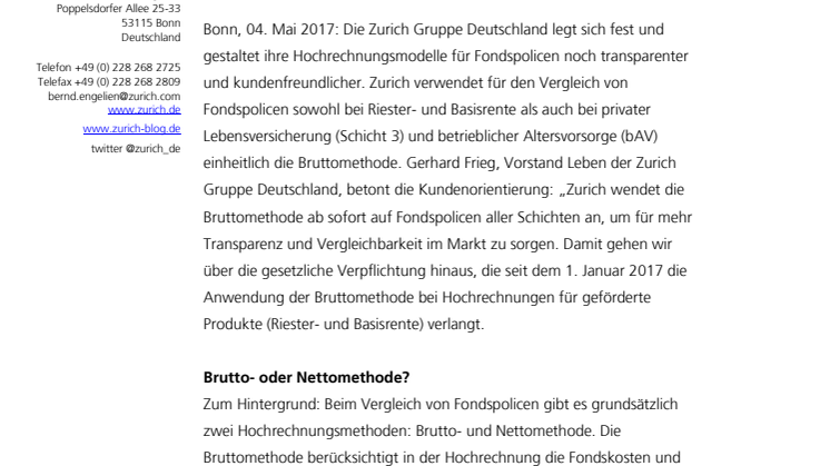 Mehr Transparenz bei Hochrechnung von Versicherungsprodukten: Zurich setzt in allen Schichten auf die Bruttomethode.