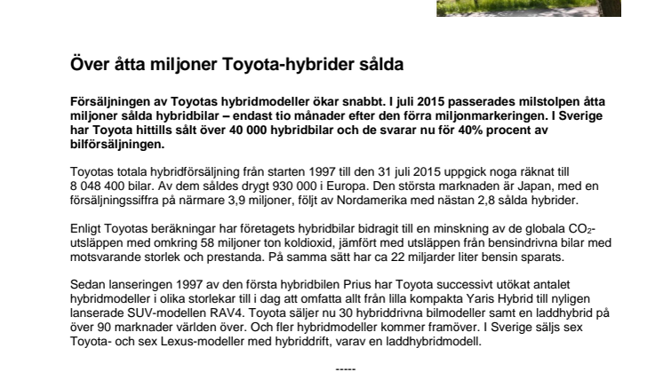 Över åtta miljoner Toyota-hybrider sålda