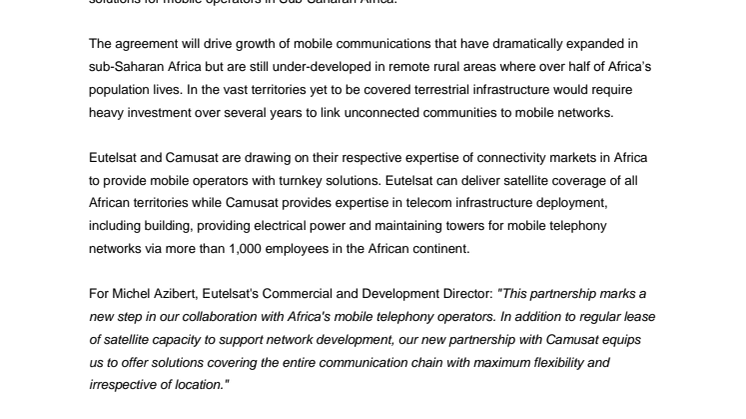 Extending mobile telephony to rural areas of Sub-Saharan Africa: Eutelsat partners with Camusat to deliver turnkey solutions to mobile operators 