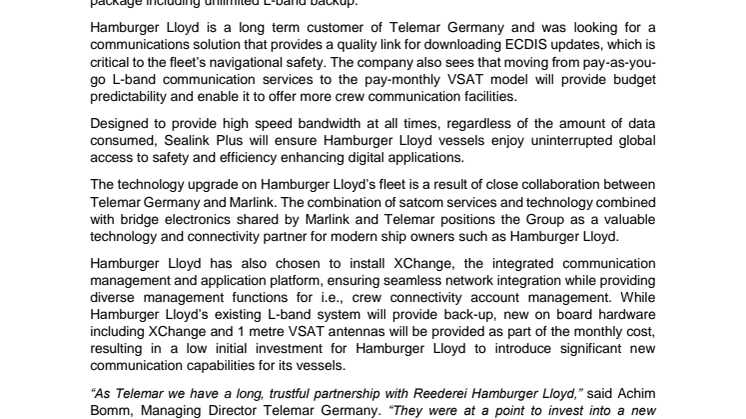 Marlink: Reederei Hamburger Lloyd Chooses Sealink Plus VSAT for Container Ship and Bulker Fleet 