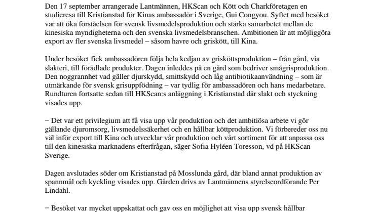 Kinas ambassadör studerade svensk livsmedelsproduktion i Skåne