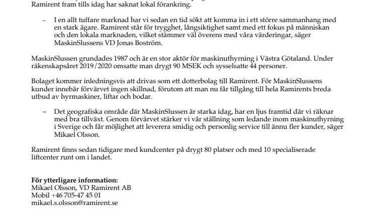 Ramirent förvärvar MaskinSlussen – stärker sin lokala förankring