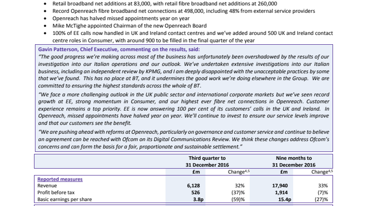 Results for the third quarter to 31 December 2016