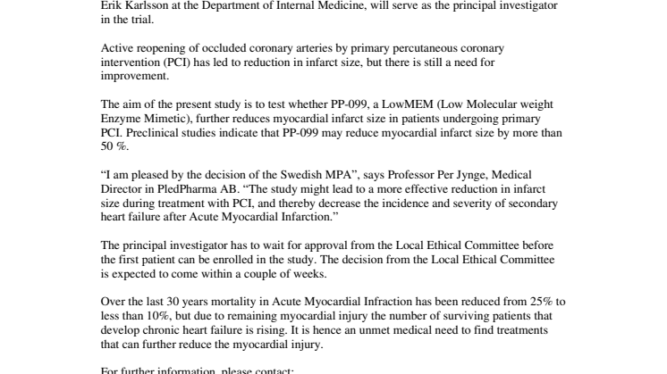 PledPharma receives approval to conduct a clinical phase II study in patients with Acute Myocardial Infarction