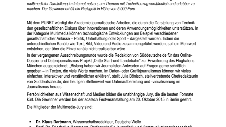 Journalistenpreis PUNKT: Einsendefrist für Multimedia-Formate endet in drei Wochen