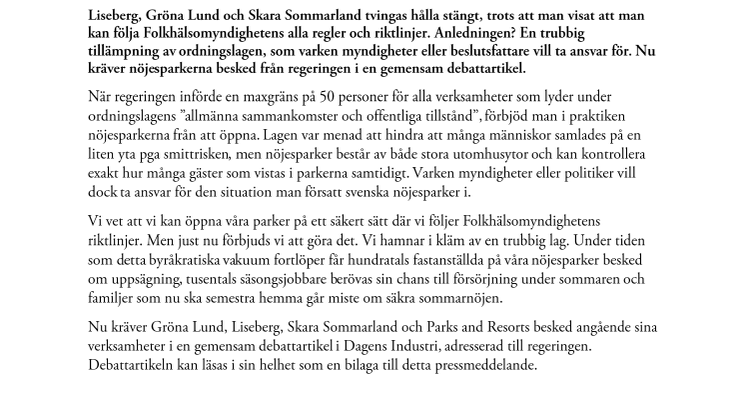 Nöjesparker kräver svar från regeringen om öppning