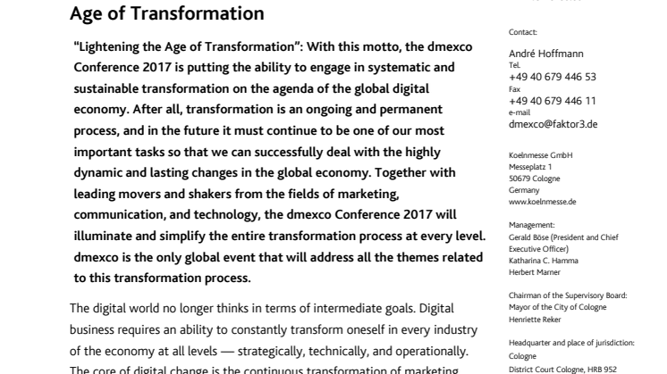 dmexco Conference motto 2017: Lightening the Age of Transformation