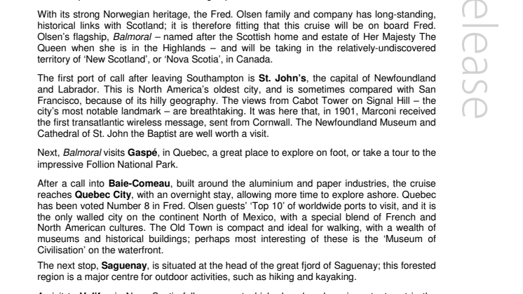 From Balmoral to ‘New Scotland’ on Fred. Olsen Cruise Lines’ voyage to Canada and US in 2014