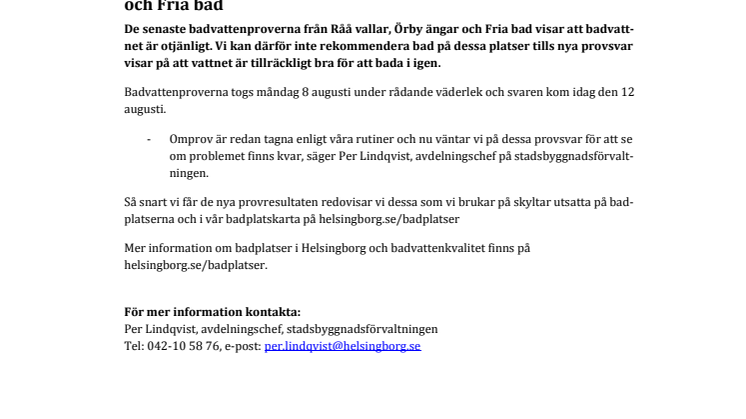 Tillfälligt dålig badvattenkvalitet på Råå vallar, Örby ängar och Fria bad