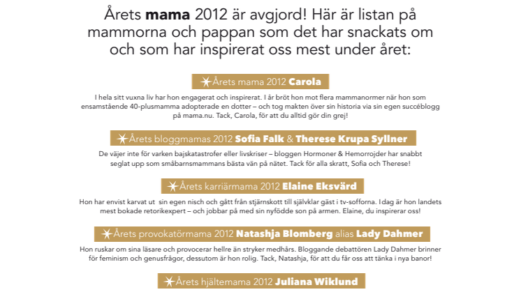 Schlagerdrottning är Årets mama 2012