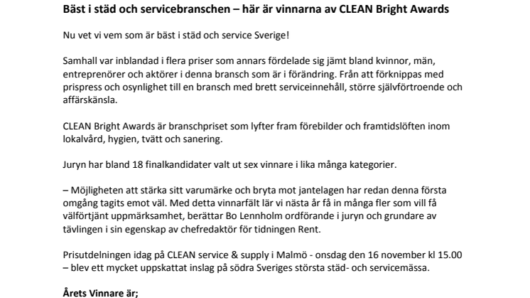 Bäst i städ- och servicebranschen - här är vinnarna av CLEAN Bright Awards 2011