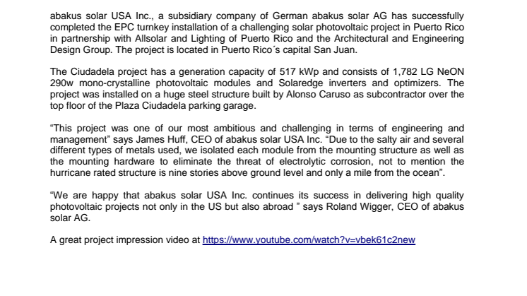 abakus solar USA Inc. installs 517 kWp project in Puerto Rico