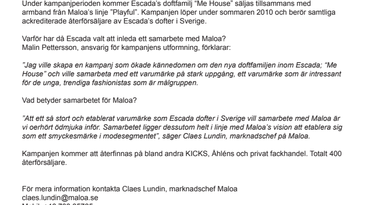 Maloa i samarbete med Escada dofter i Sverige