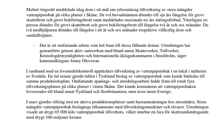 Hårda straff i mål om tillverkning av vattenpipstobak