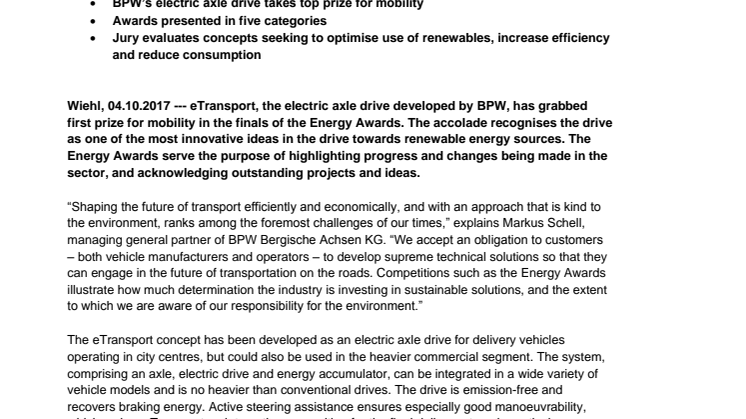 Energy Awards acknowledge eTransport as a highly innovative idea in the quest to shift to renewables