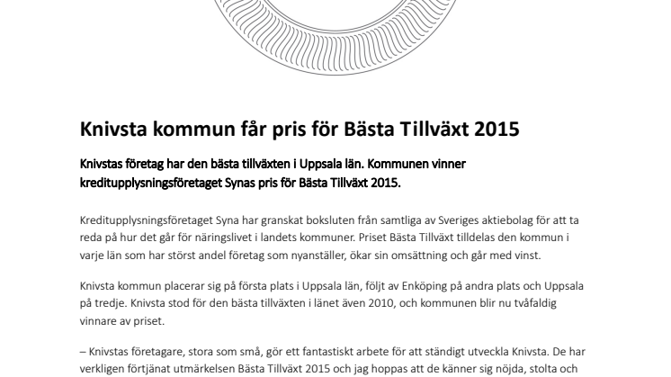 Knivsta kommun får pris för Bästa Tillväxt 2015